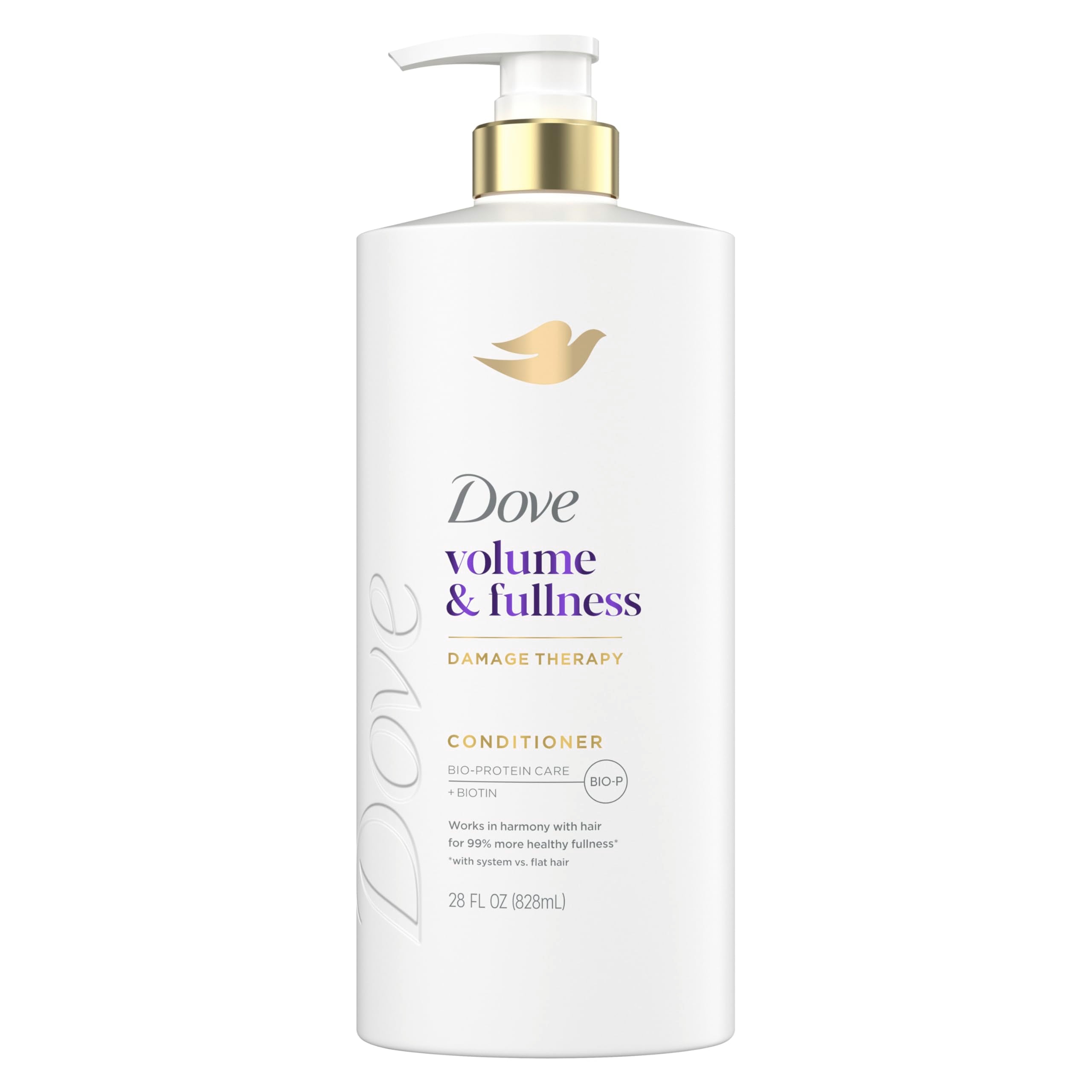 Dove Volume & Fullness Conditioner bottle closeup for fuller-looking hair.