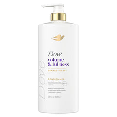 Dove Volume & Fullness Conditioner bottle closeup for fuller-looking hair.