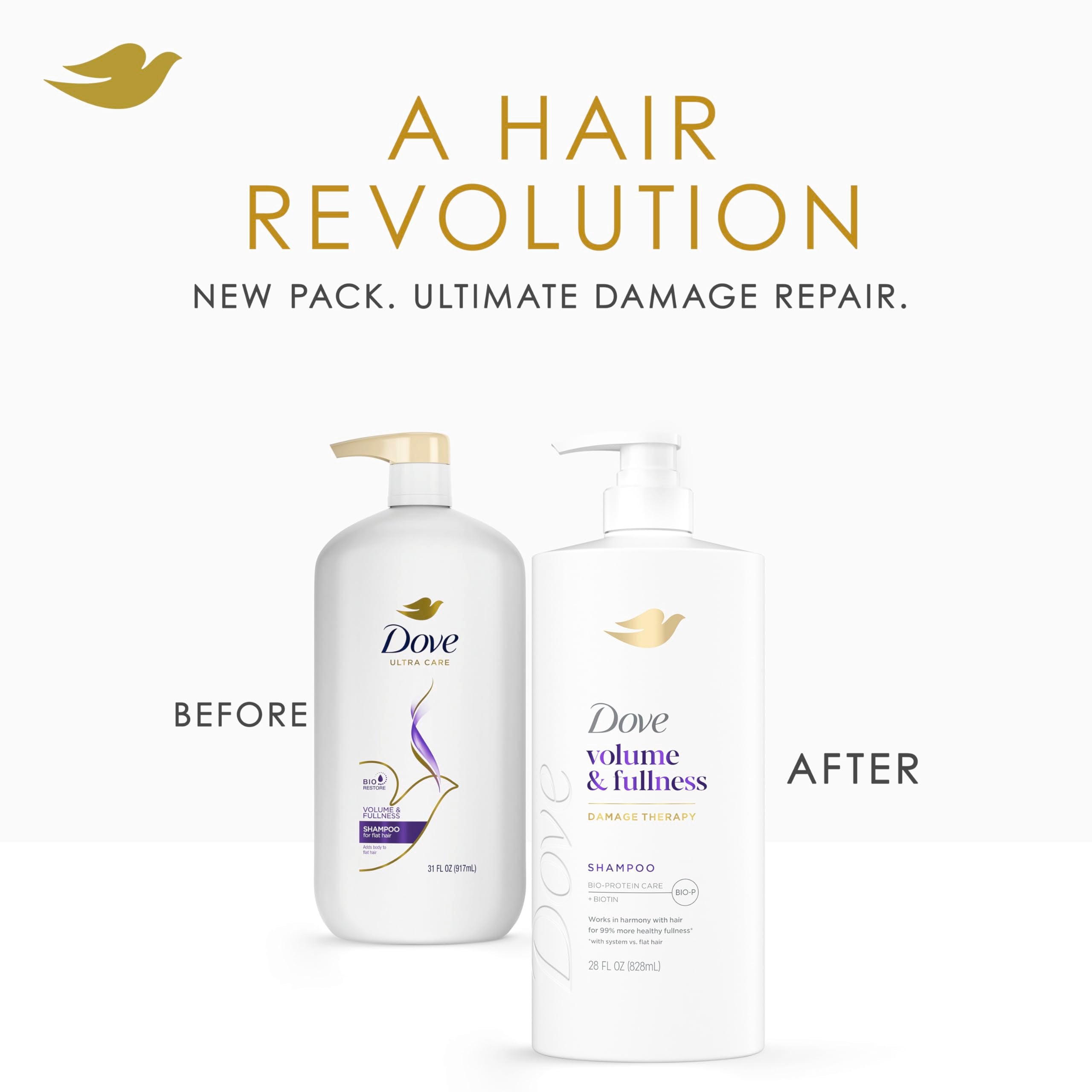 Dove Volume & Fullness conditioner bottle pairs with the shampoo for fuller hair.