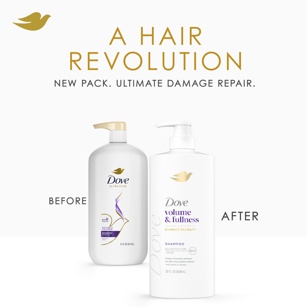 Dove Volume & Fullness conditioner bottle pairs with the shampoo for fuller hair.