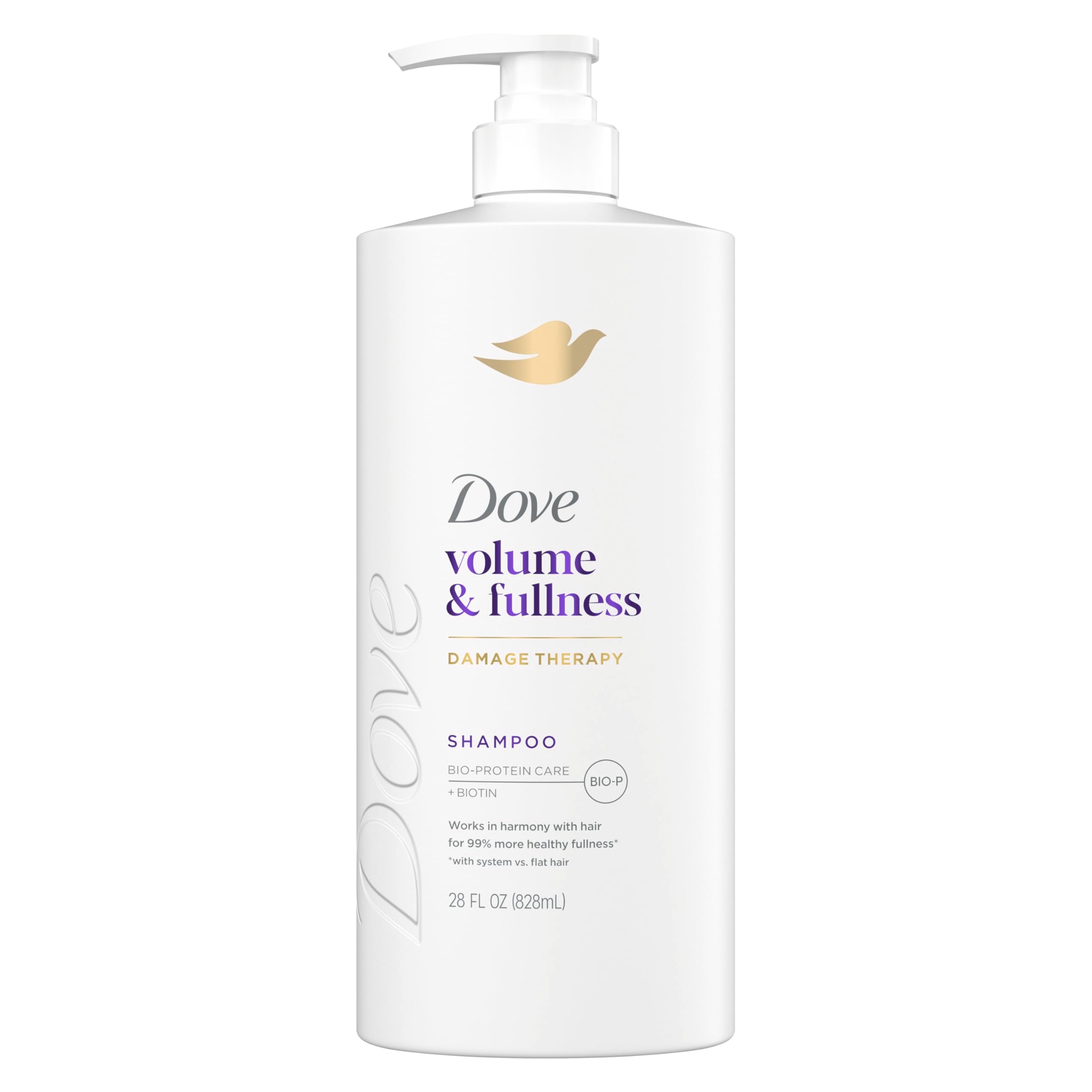 Dove Volume & Fullness shampoo bottle demonstrates all-day body for fine hair.