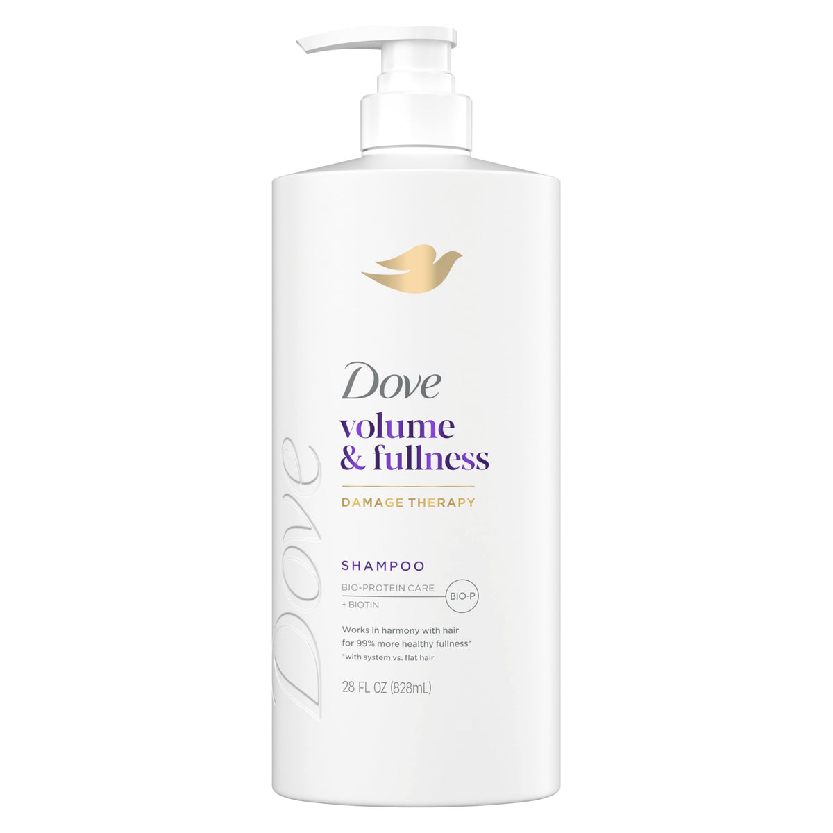 Dove Volume & Fullness shampoo bottle demonstrates all-day body for fine hair.