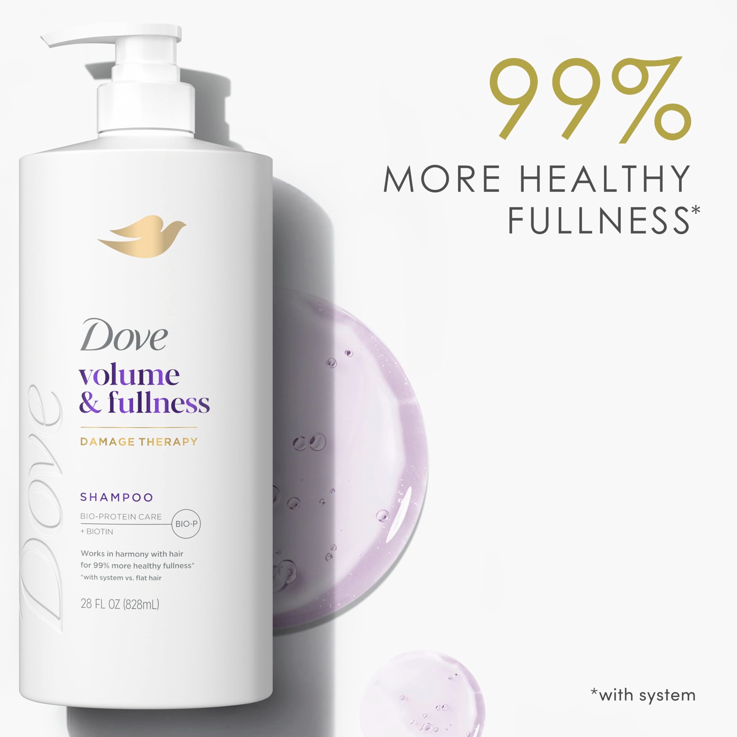 Dove Volume & Fullness system close-up shows shampoo as the first step.