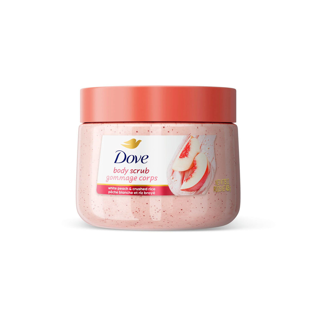 Dove White Peach & Crushed Rice Scrub jar front, creamy exfoliation for smooth skin.