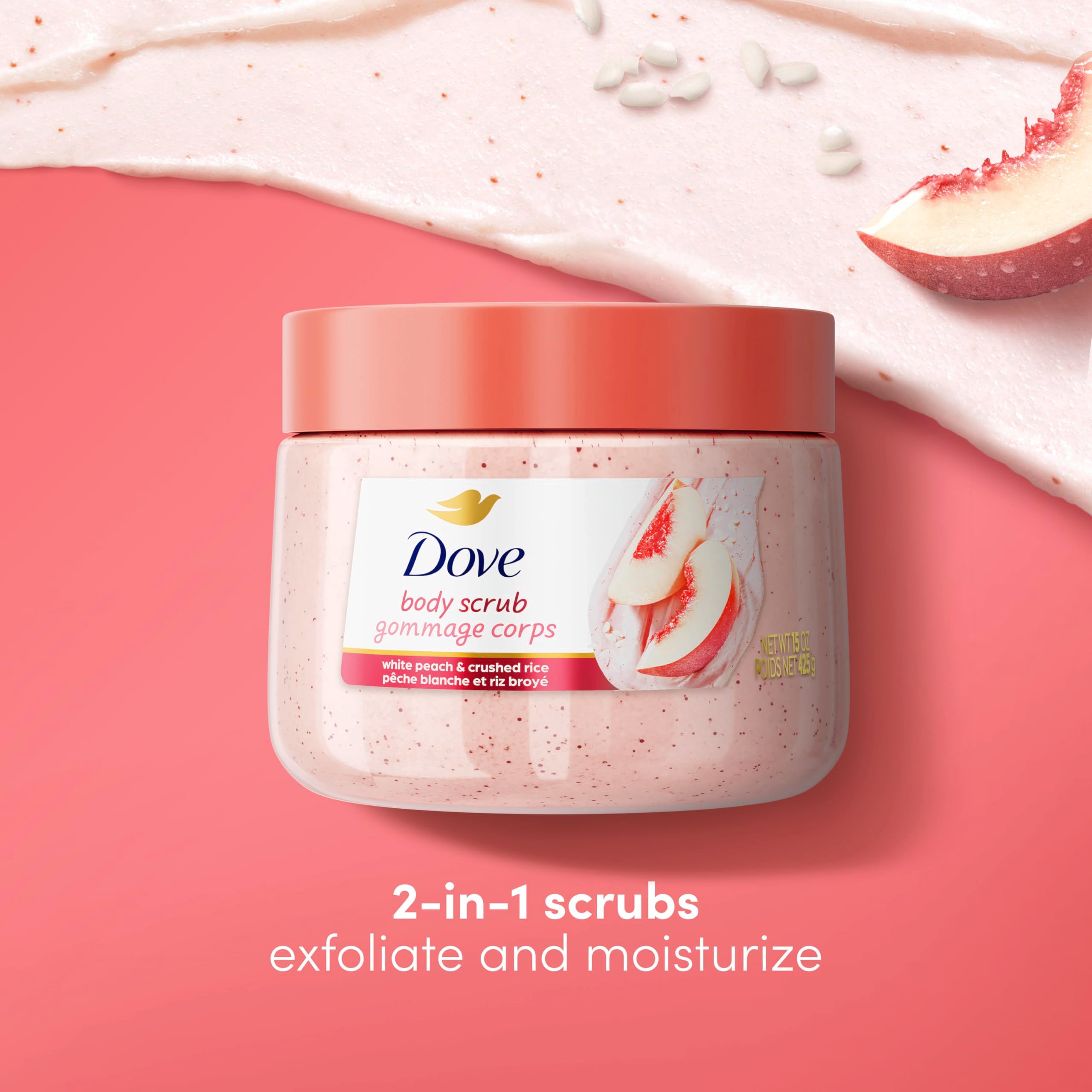 Dove scrub texture closeup shows whipped, nourishing cream for exfoliation.