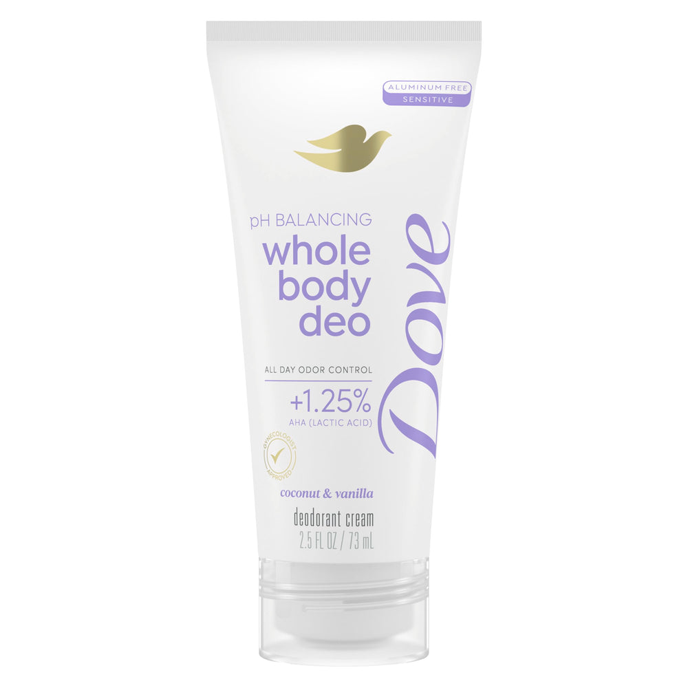 Dove whole-body deodorant aluminum-free coconut-vanilla jar demonstrates all-over odor control.