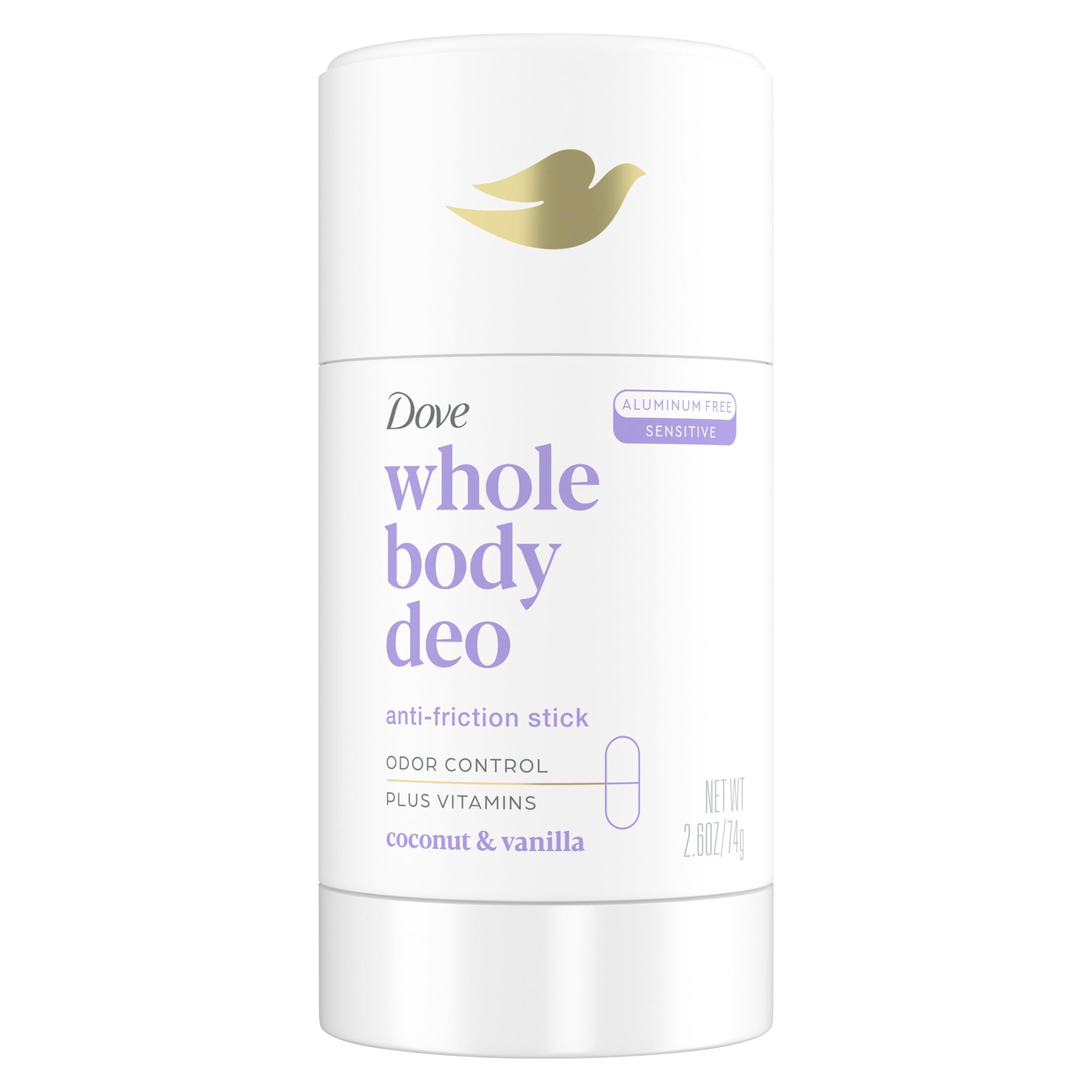 Dove Whole Body Deo Anti-Friction Stick with coconut-vanilla scent for all-day freshness