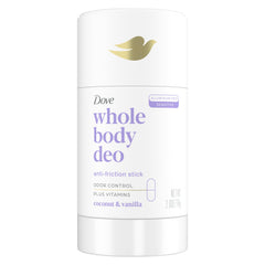 Dove Whole Body Deo Anti-Friction Stick with coconut-vanilla scent for all-day freshness