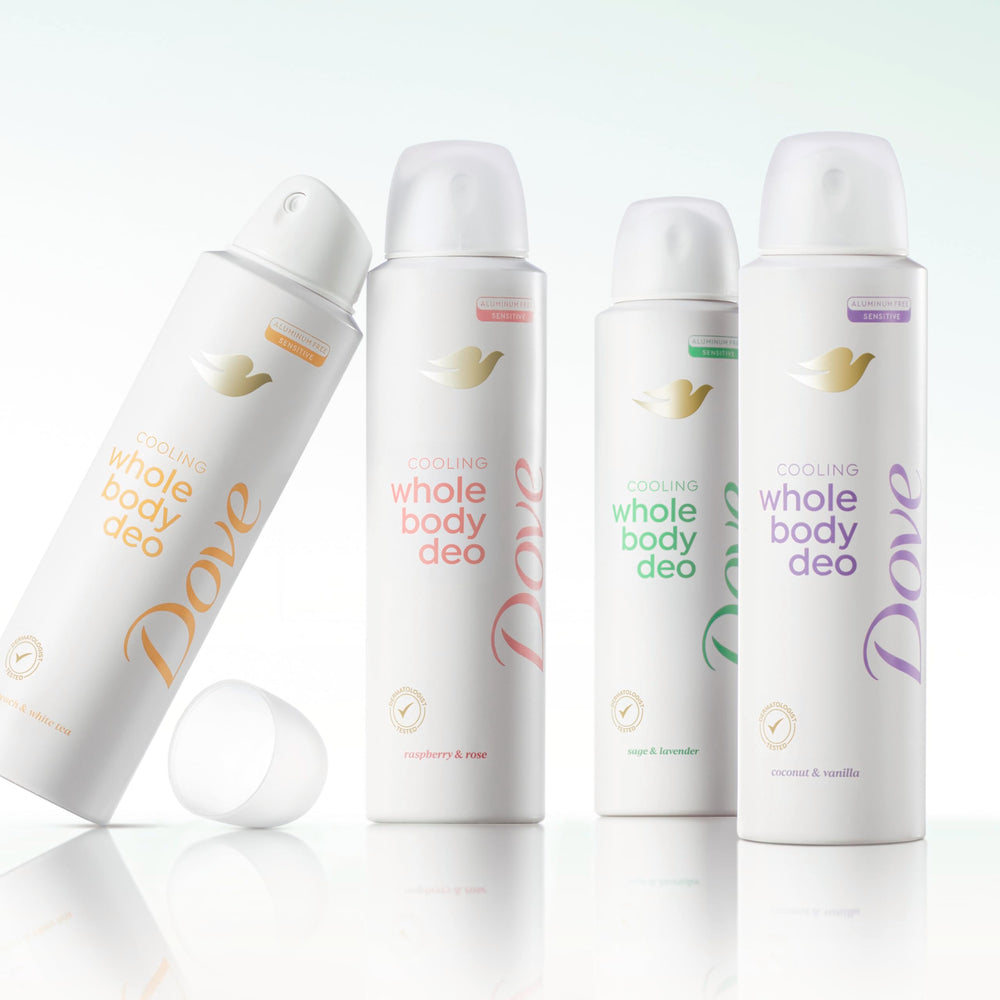 Dove bottle beside towels suggests all-over freshness beyond the underarms.