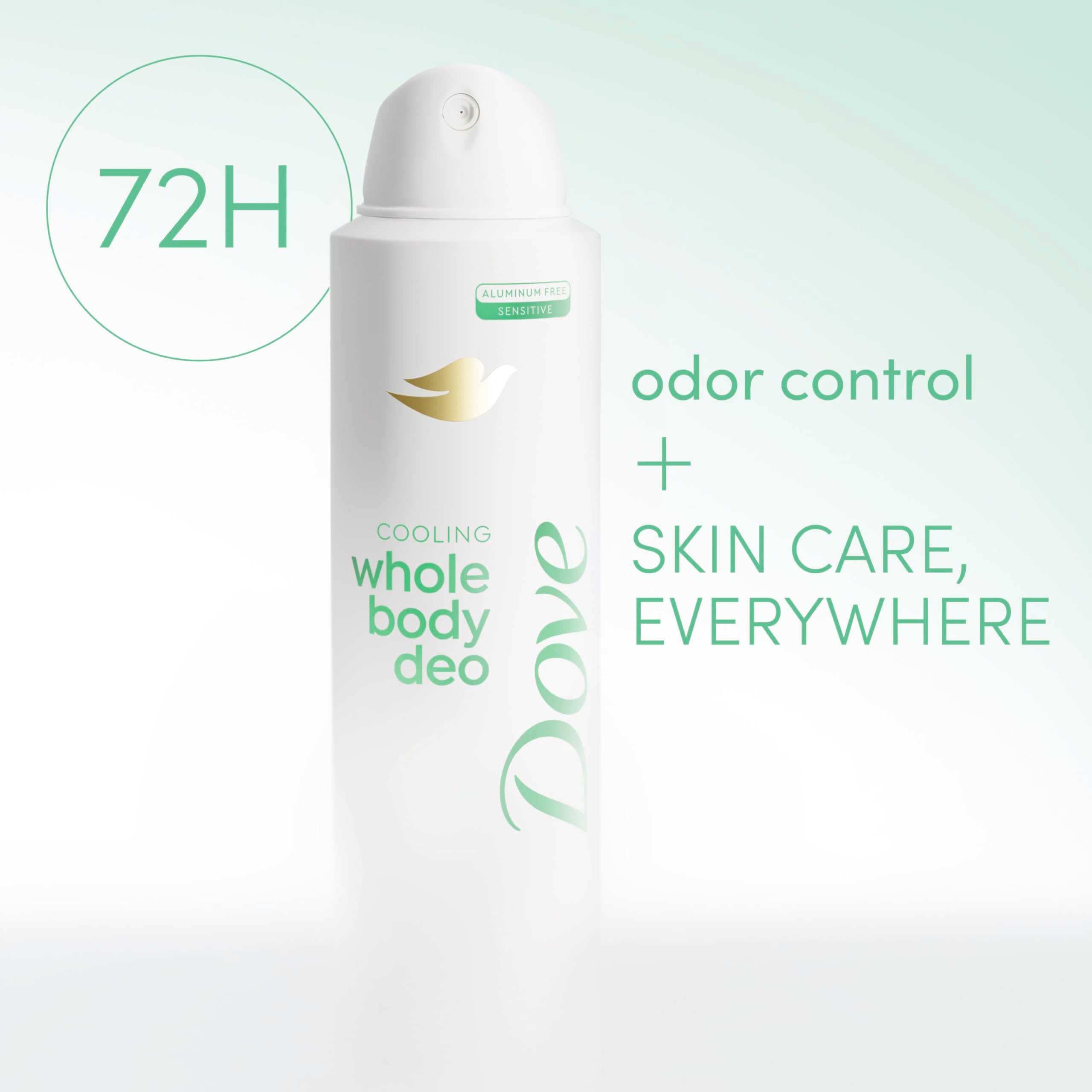 Dove label highlights 72H odor control and aluminum-free formula.