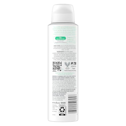 Dove Whole Body Deodorant Cooling Spray being applied to forearm for instant refresh.