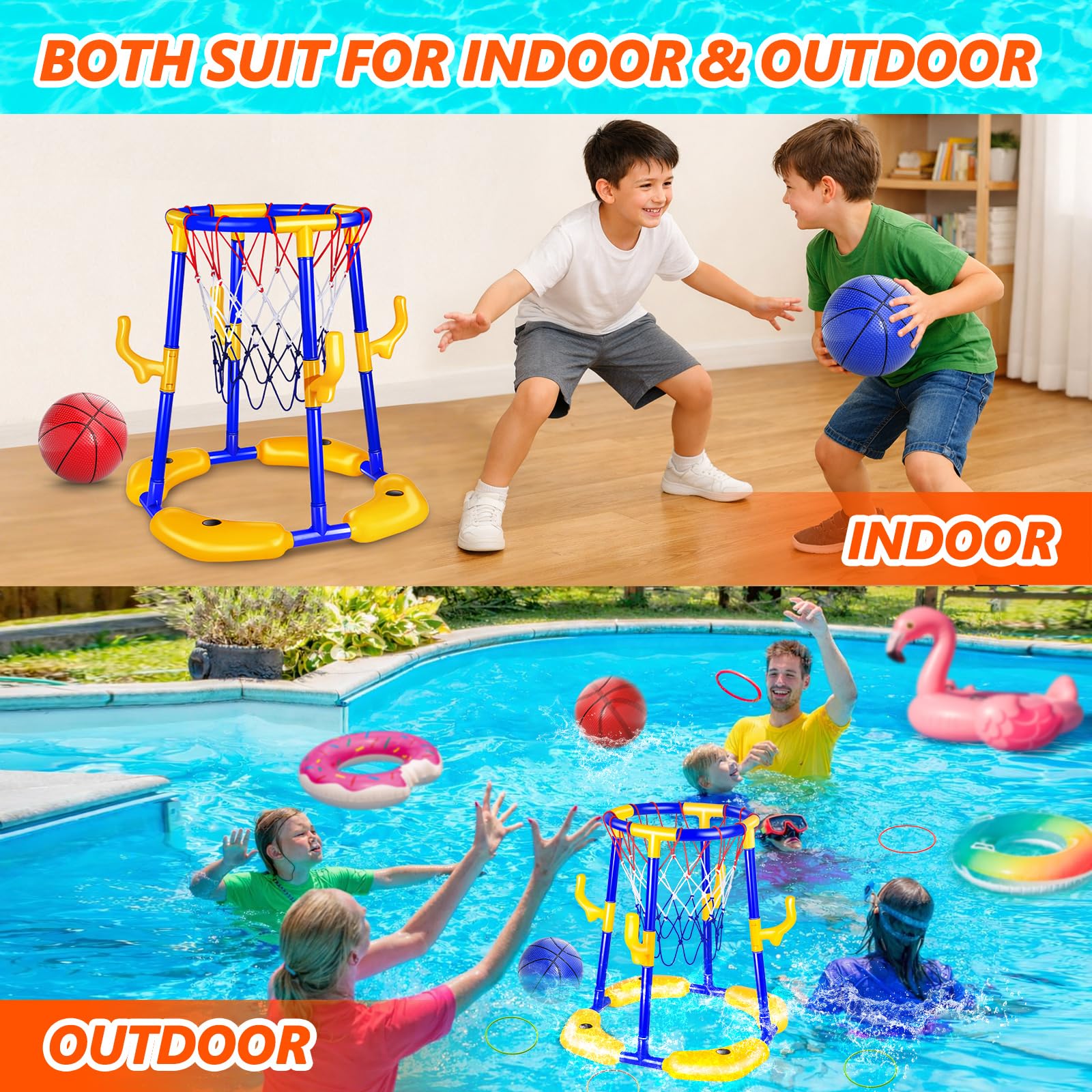 Doviden 2-in-1 pool toy switches between basketball and ring toss easily