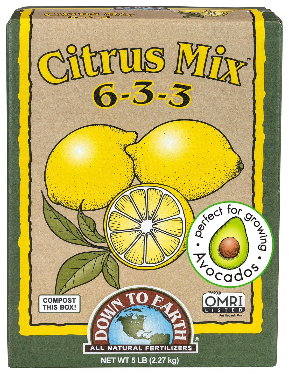 Down To Earth Citrus Mix bottle promotes lush growth for citrus trees