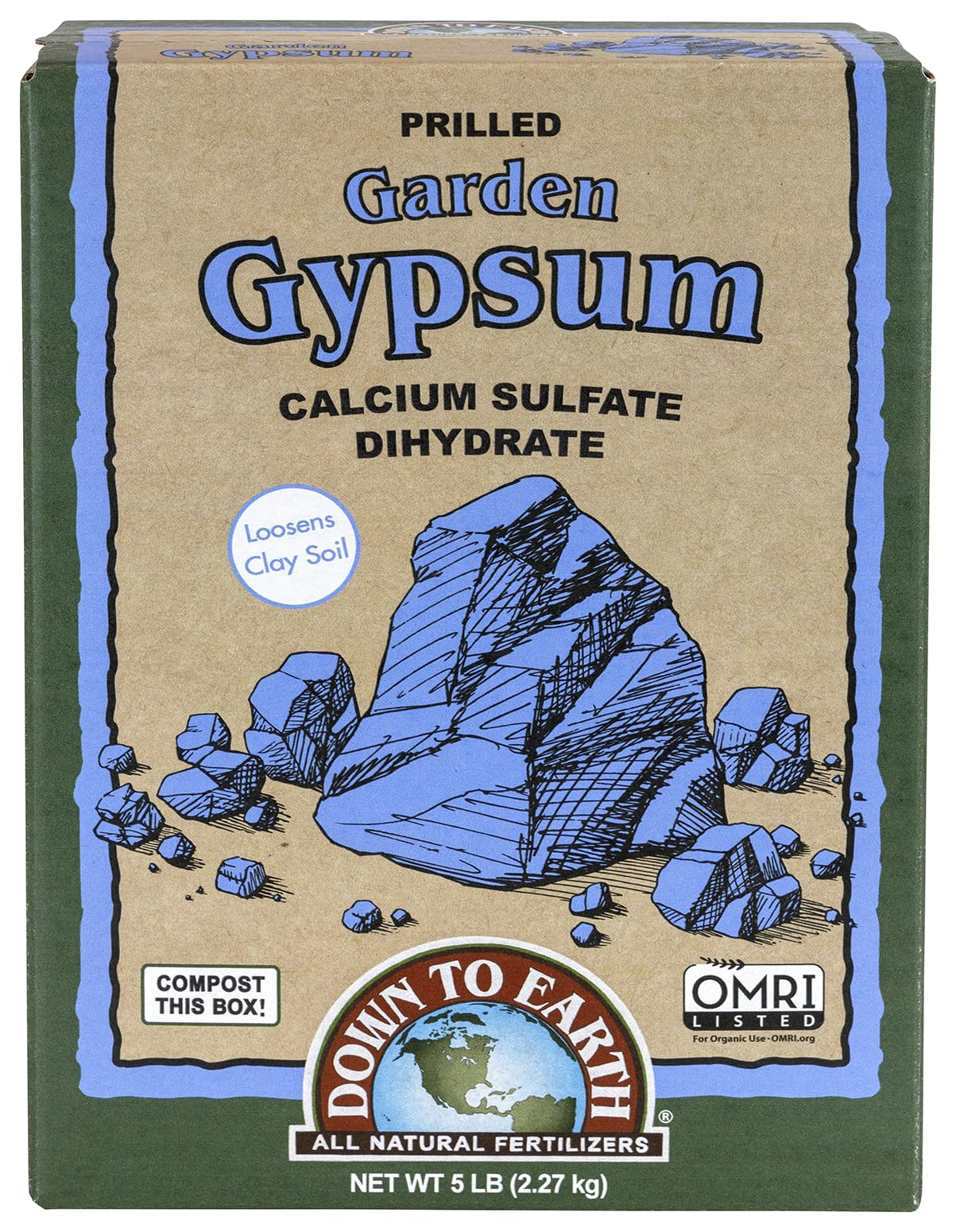 Down To Earth Garden Gypsum bag closeup, showing granular texture for soil aeration and drainage.