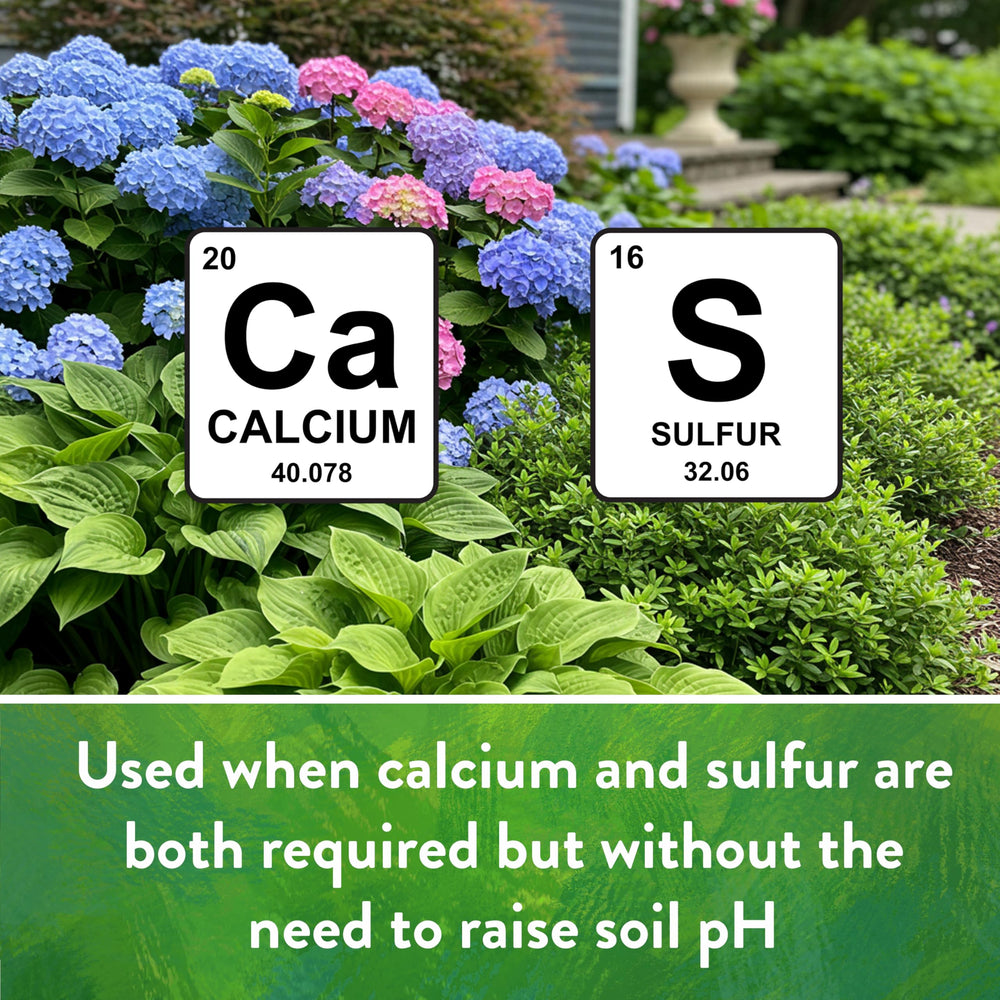 Down To Earth Garden Gypsum applied to garden bed improves calcium and sulfur availability.