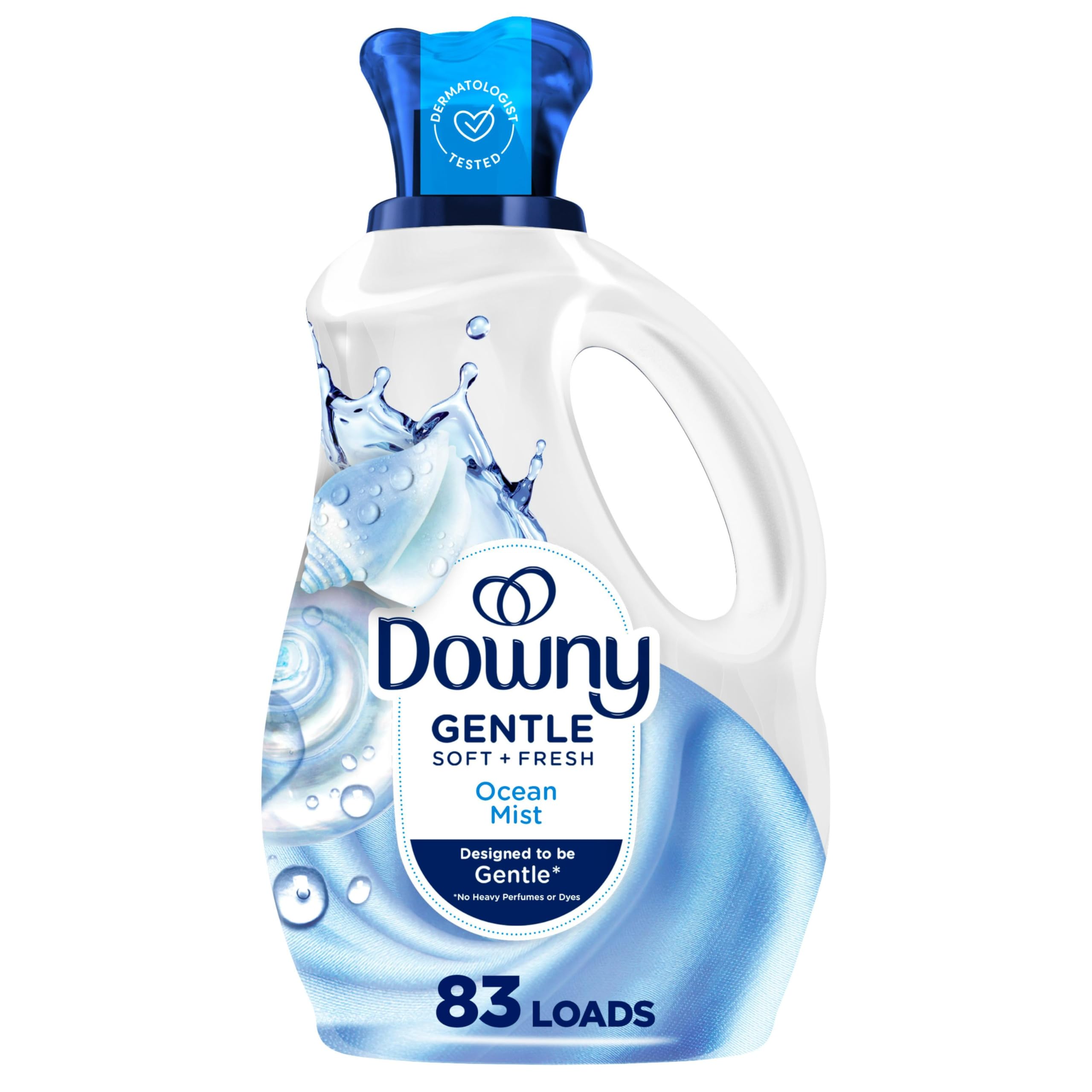 Downy Gentle Soft Ocean Mist bottle highlighting a light skin-friendly scent.
