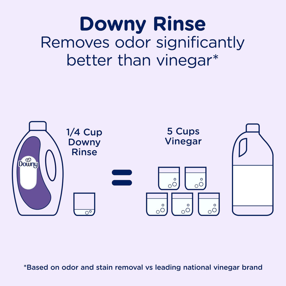 Downy Rinse 62oz bottle resting on a clean shelf.