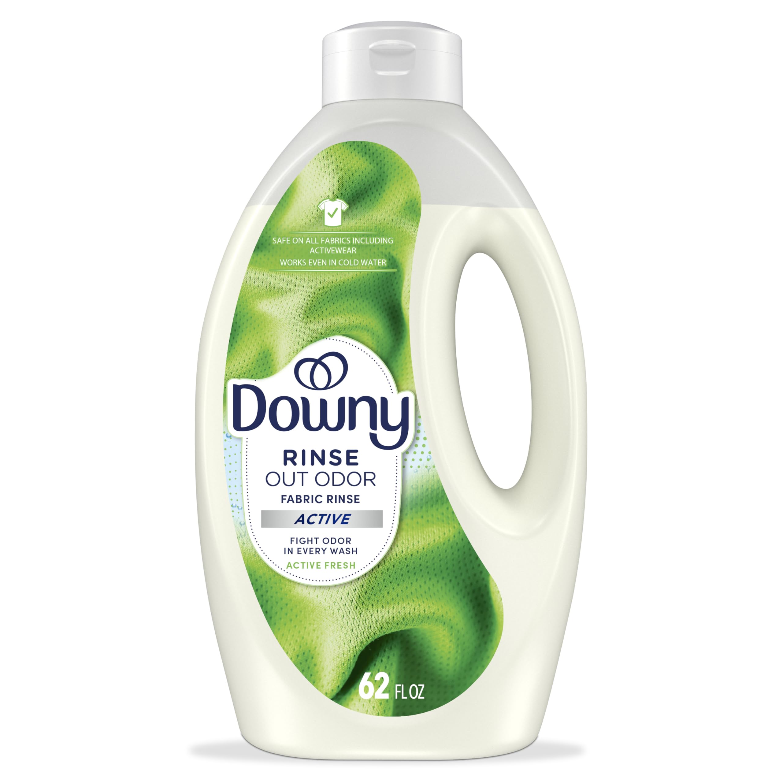 Downy Rinse bottle pour showing odor removal in one wash.