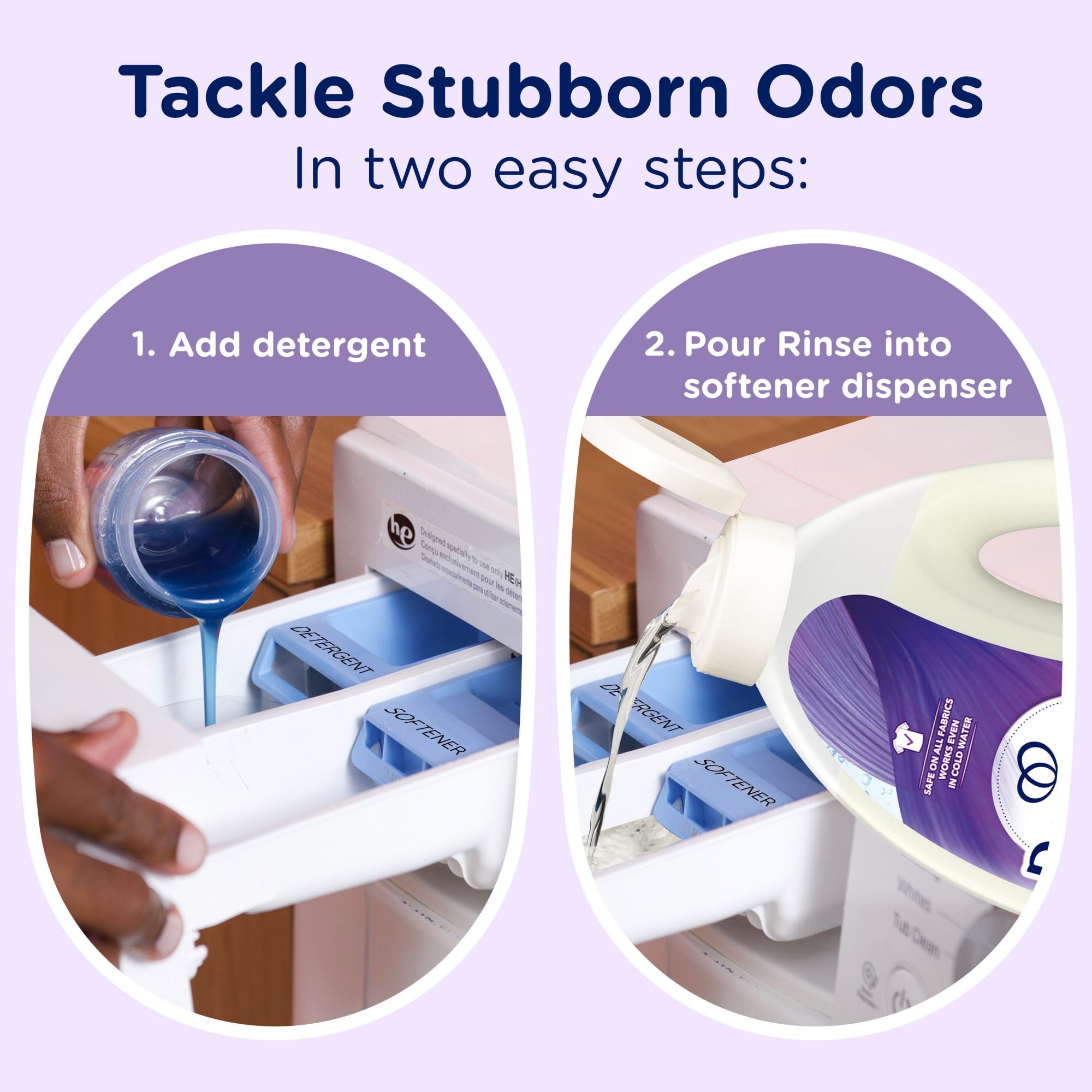 Downy Rinse being poured into fabric softener dispenser for odor removal.