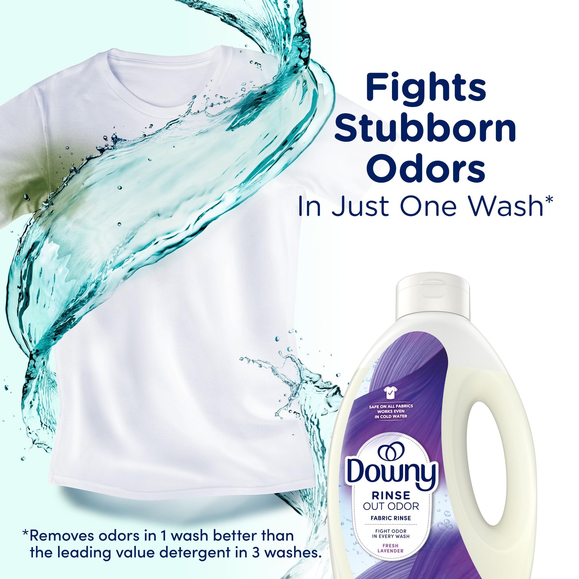 Downy Rinse Fresh Lavender label on bottle highlighting scent benefits.