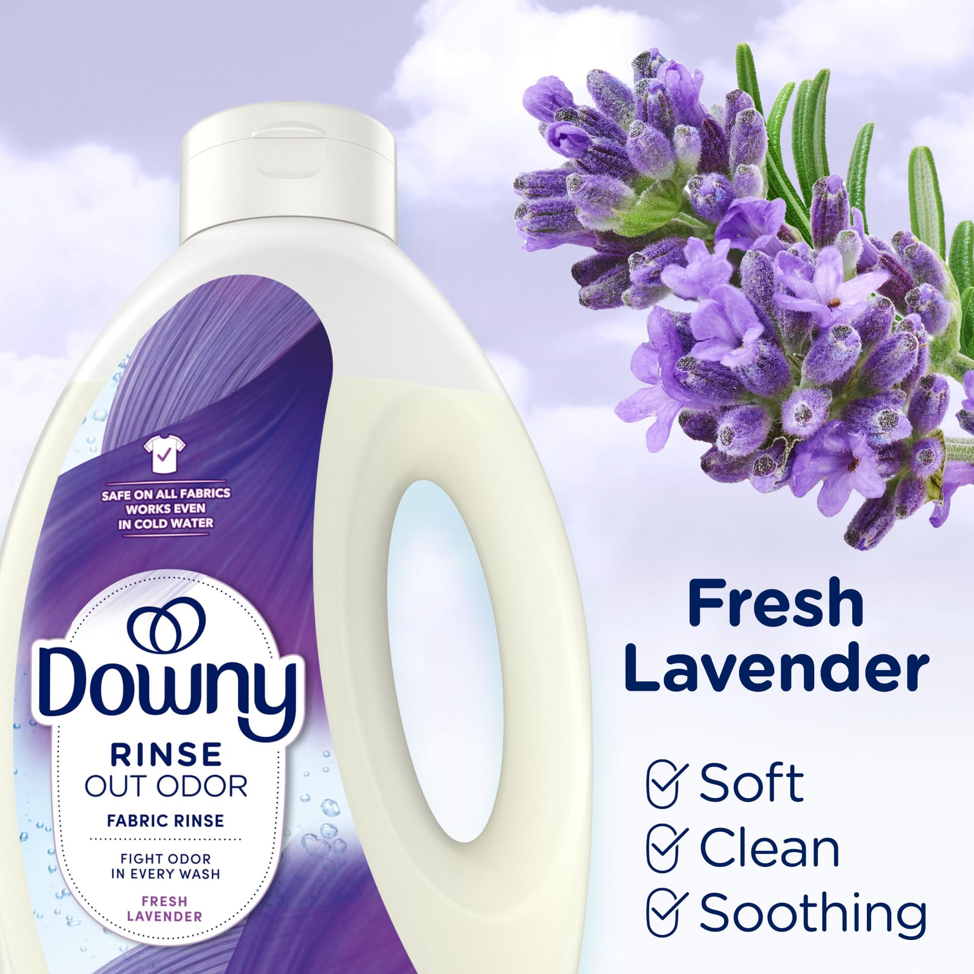 Downy Rinse bottle indicating no heavy dyes and perfumes.