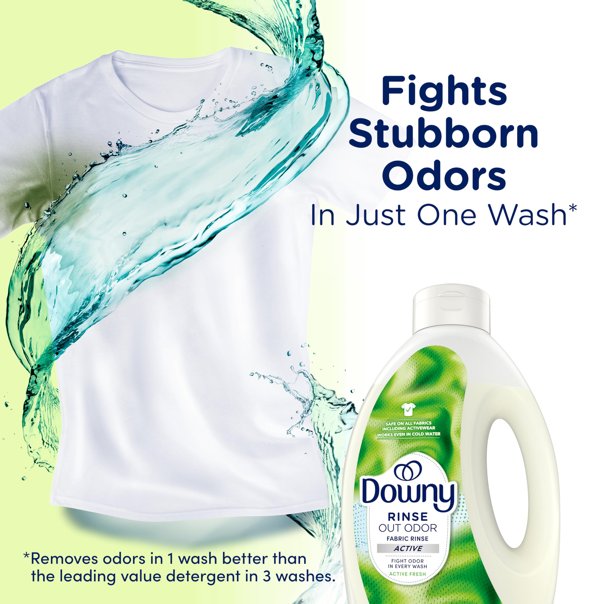 Closeup of Downy Rinse odor removal visual with fresh fabric scent.