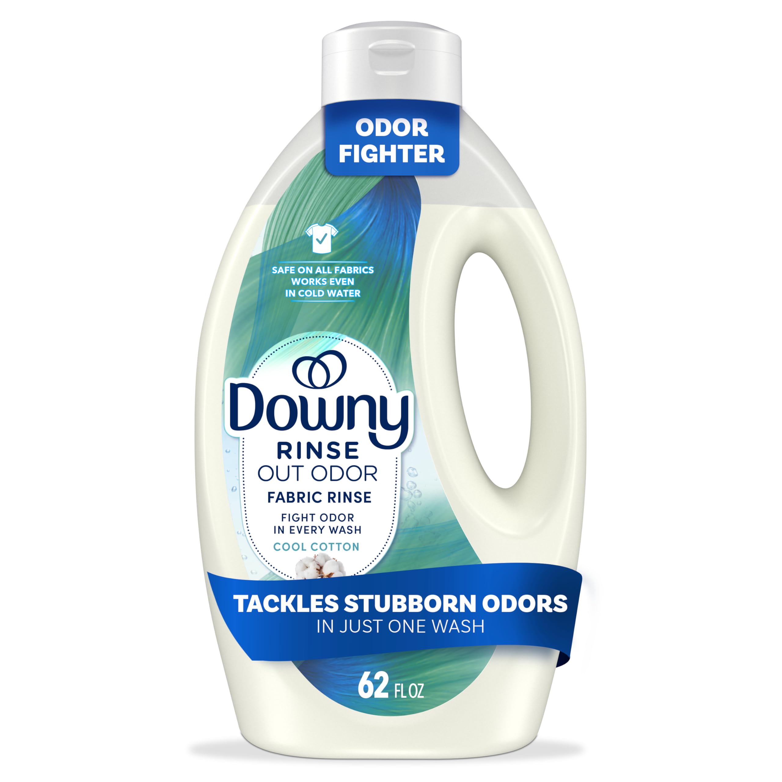 Downy Rinse odor remover pour bottle shows easy dosing for odor-free laundry.
