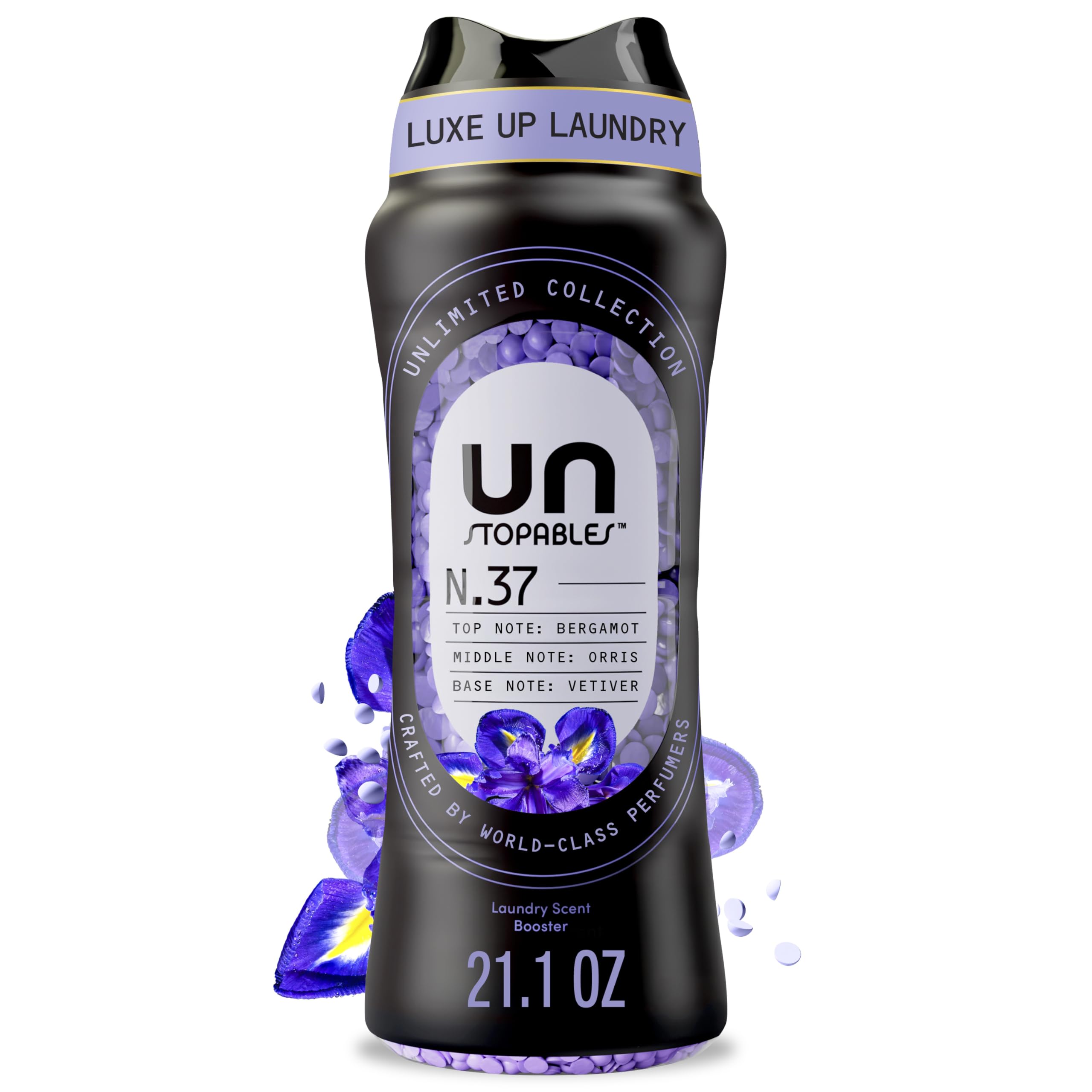 Downy Unstopables Unlimited Scent No37 bottle with beads enhances fabrics with lasting fragrance.
