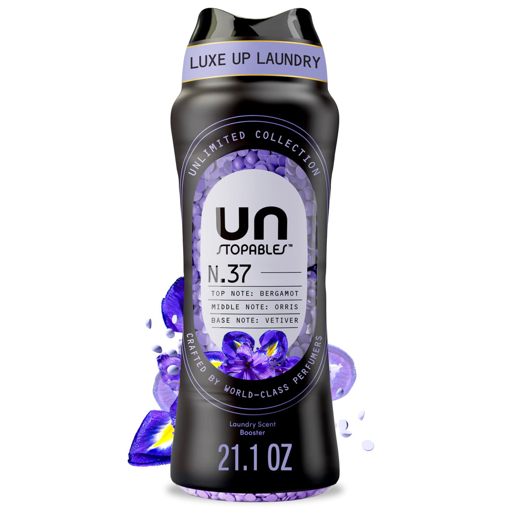 Downy Unstopables Unlimited Scent No37 bottle with beads enhances fabrics with lasting fragrance.
