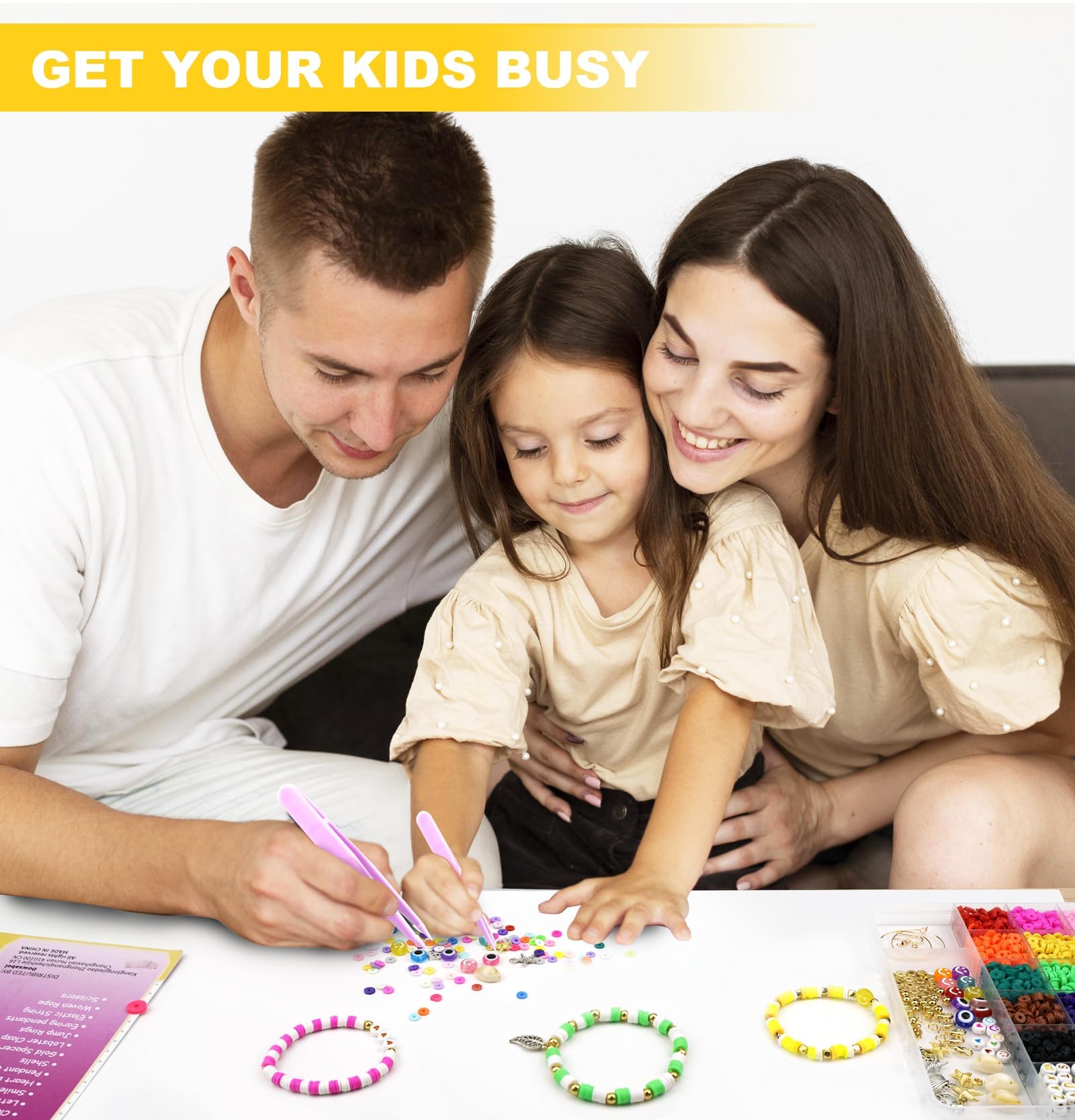 Dowsabel stretchy string and tools image enables easy bracelet assembly.