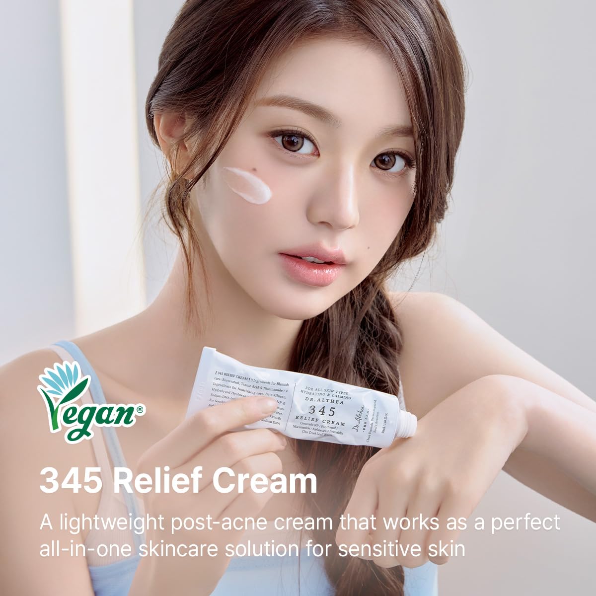 Dr.Althea 345 Relief Cream applied to blemish-prone skin for calming relief.