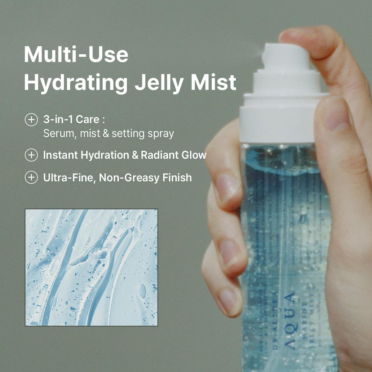 Dr.Althea Aqua Marine Jelly Mist sprayed from distance for refreshing veil