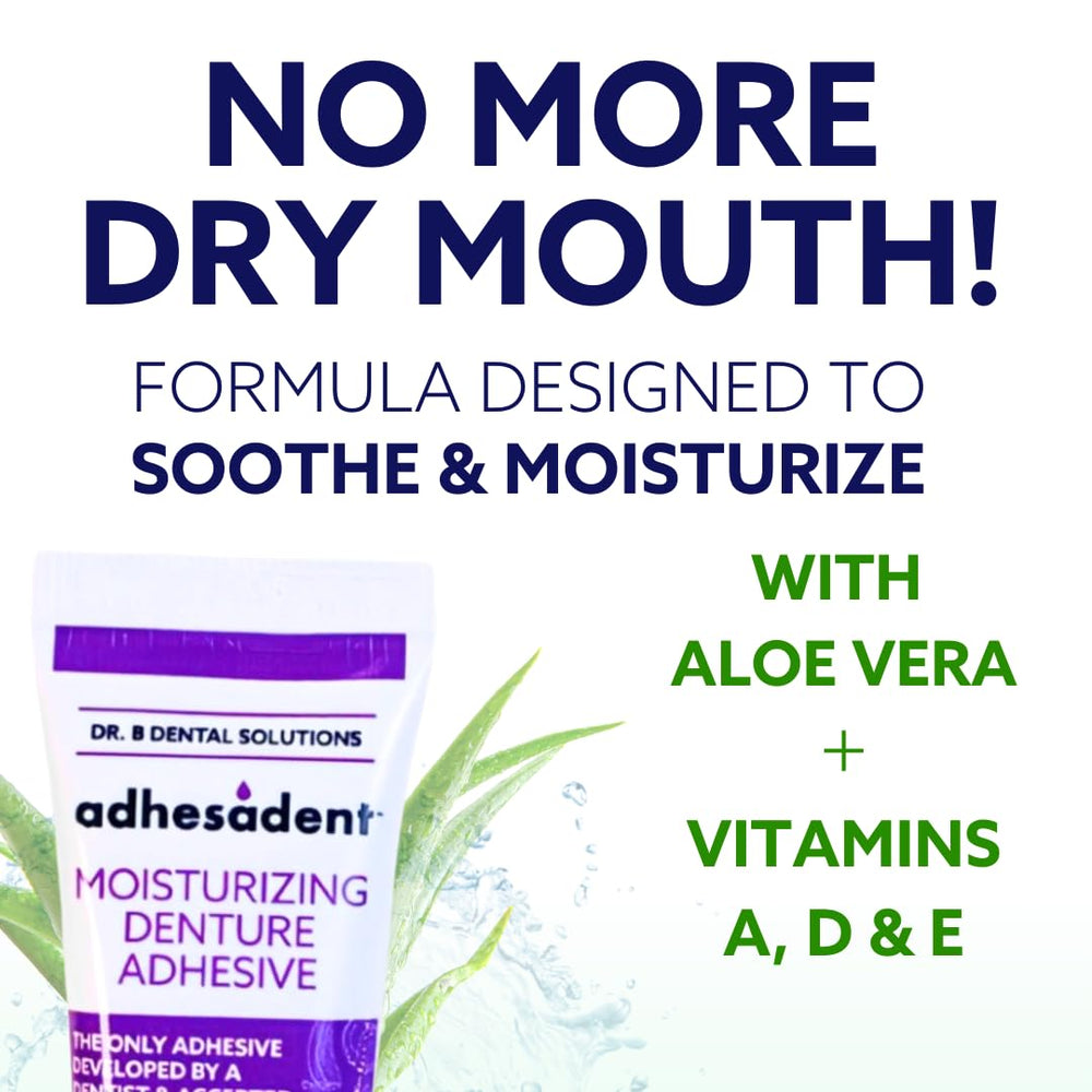 ADA-accepted Dr. B Adhesadent logo on packaging.