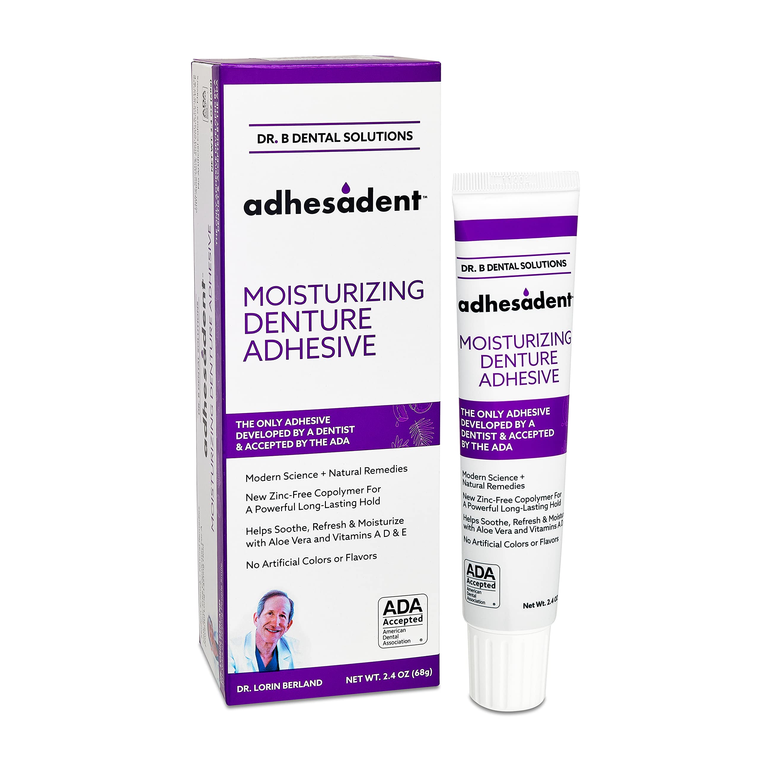 Dr. B Adhesadent moisturizing adhesive bottle shows secure hold.
