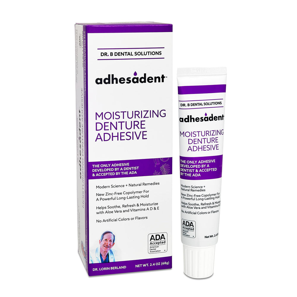 Dr. B Adhesadent moisturizing adhesive bottle shows secure hold.