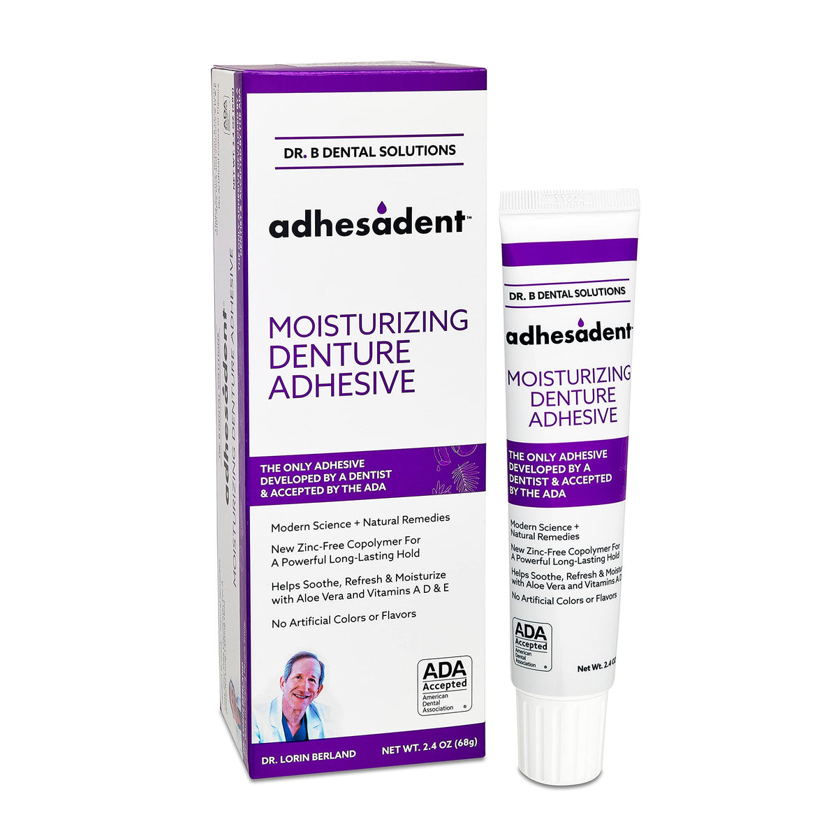 Dr. B Adhesadent moisturizing adhesive bottle shows secure hold.