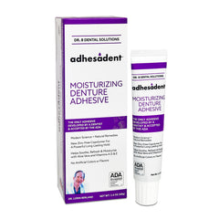 Dr. B Adhesadent moisturizing adhesive bottle shows secure hold.