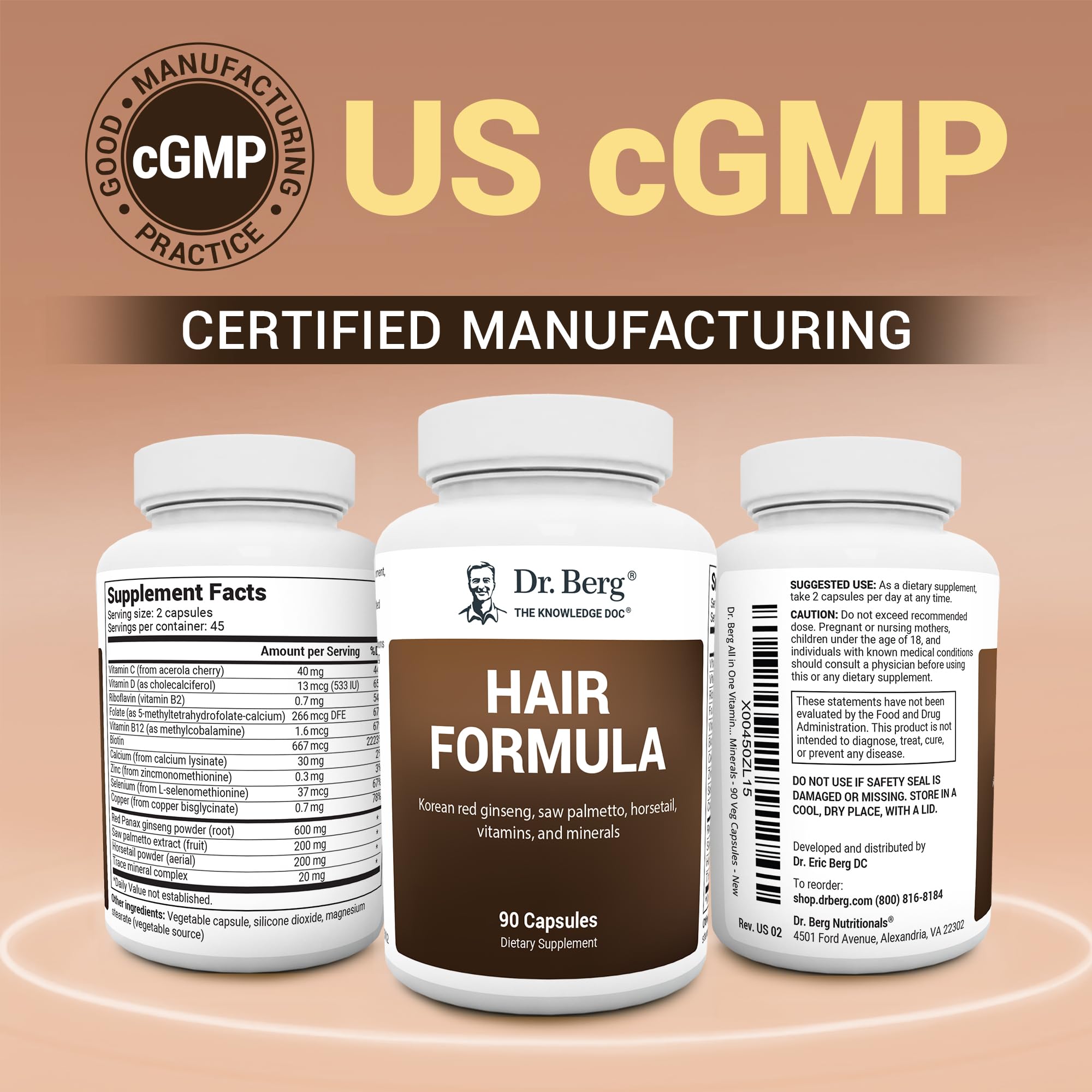 Dr. Berg All-in-One packaging showing 90 vegan capsules for daily hair and nails support.
