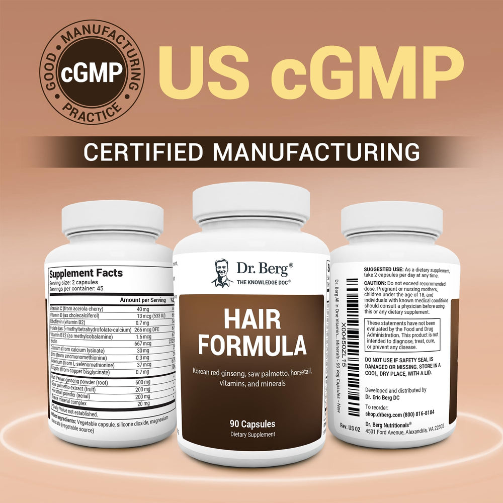 Dr. Berg All-in-One packaging showing 90 vegan capsules for daily hair and nails support.