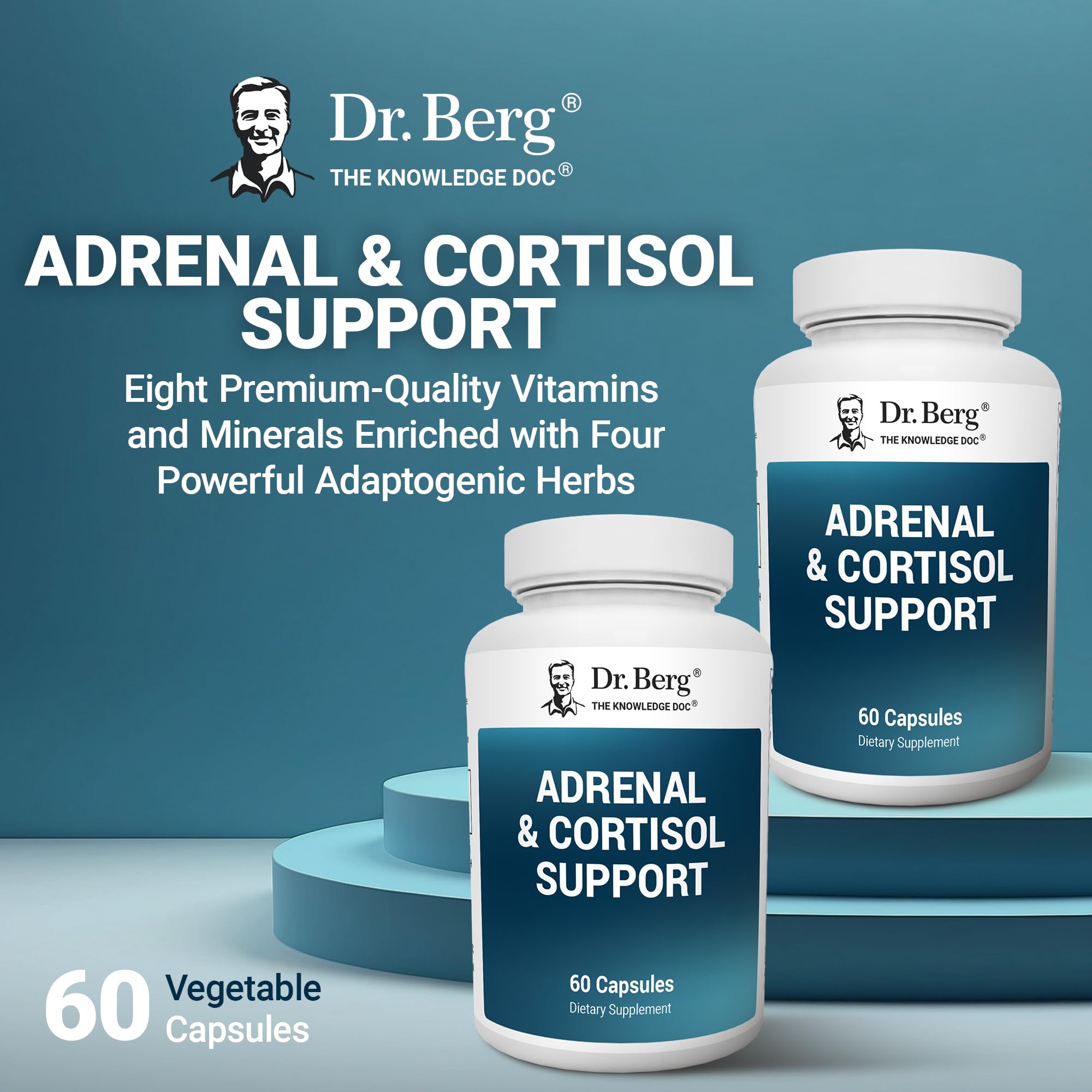 Dr. Berg Adrenal & Cortisol Capsules with ashwagandha close-up suggesting mood support.