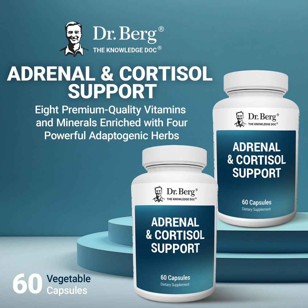 Dr. Berg Adrenal & Cortisol Capsules with ashwagandha close-up suggesting mood support.