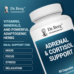 Dr. Berg Adrenal & Cortisol Capsules label on bottle highlighting adrenal balance.