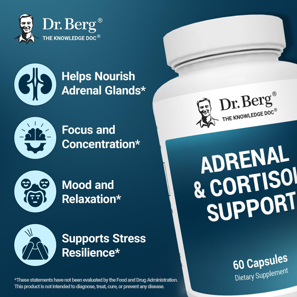 Close-up of Dr. Berg Adrenal & Cortisol Capsules for daily use.
