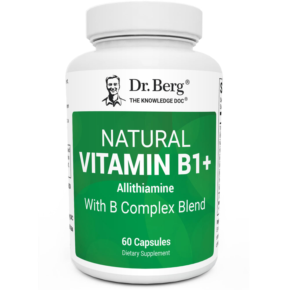 Dr. Berg Allithiamine B1 B6 B12 Complex bottle shows premium B vitamin blend for daily support.