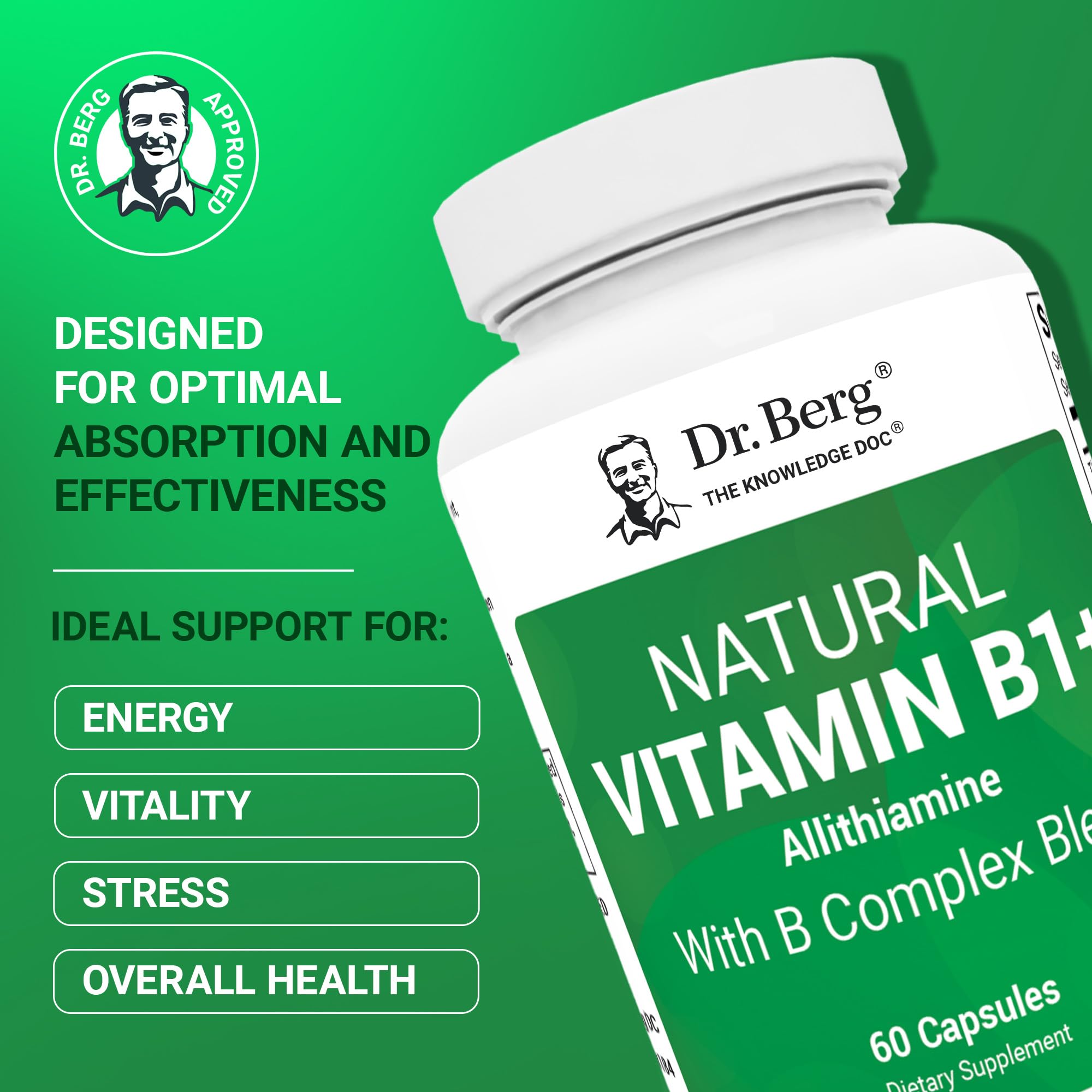 Dr. Berg Allithiamine B1 B6 B12 Complex ingredient list highlights essential B vitamins for metabolism.