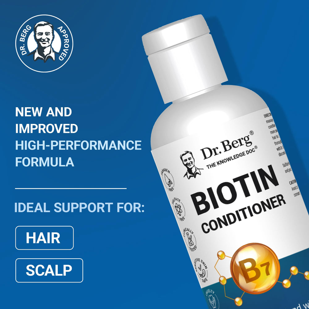 Dr. Berg Biotin Conditioner bottle cap highlights controlled dispensing for regular use.