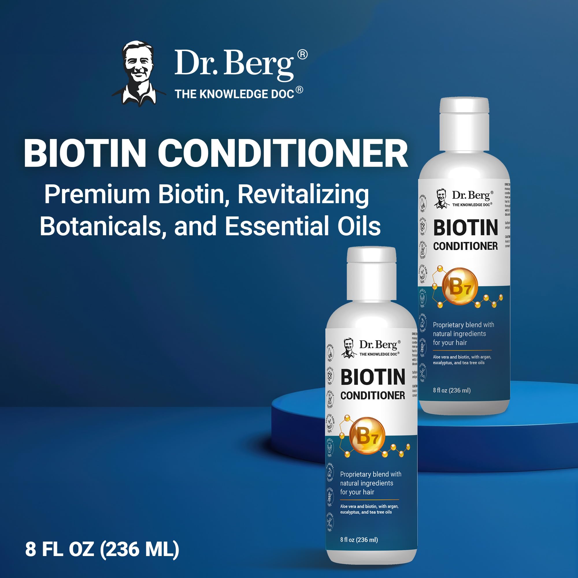 Dr. Berg Biotin Conditioner bottle closeup shows creamy texture and rich formula.