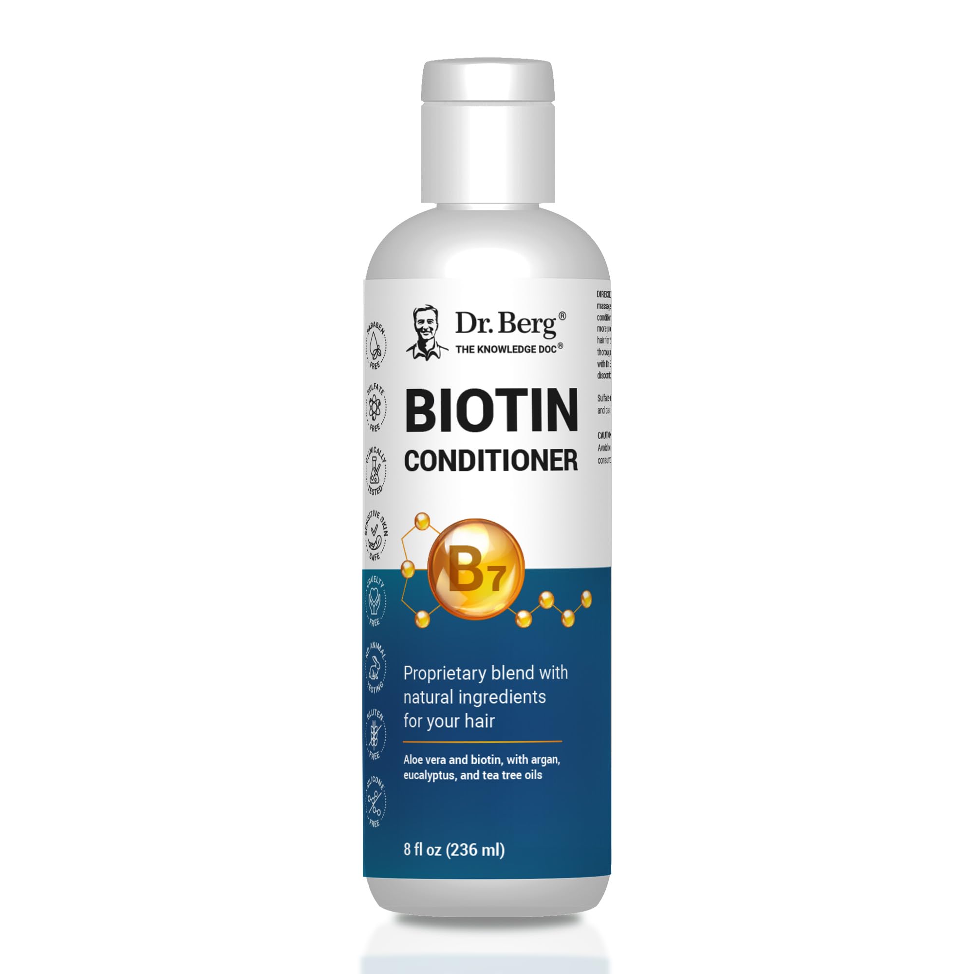 Dr. Berg Biotin Conditioner bottle pour demonstrates easy daily application and conditioning.