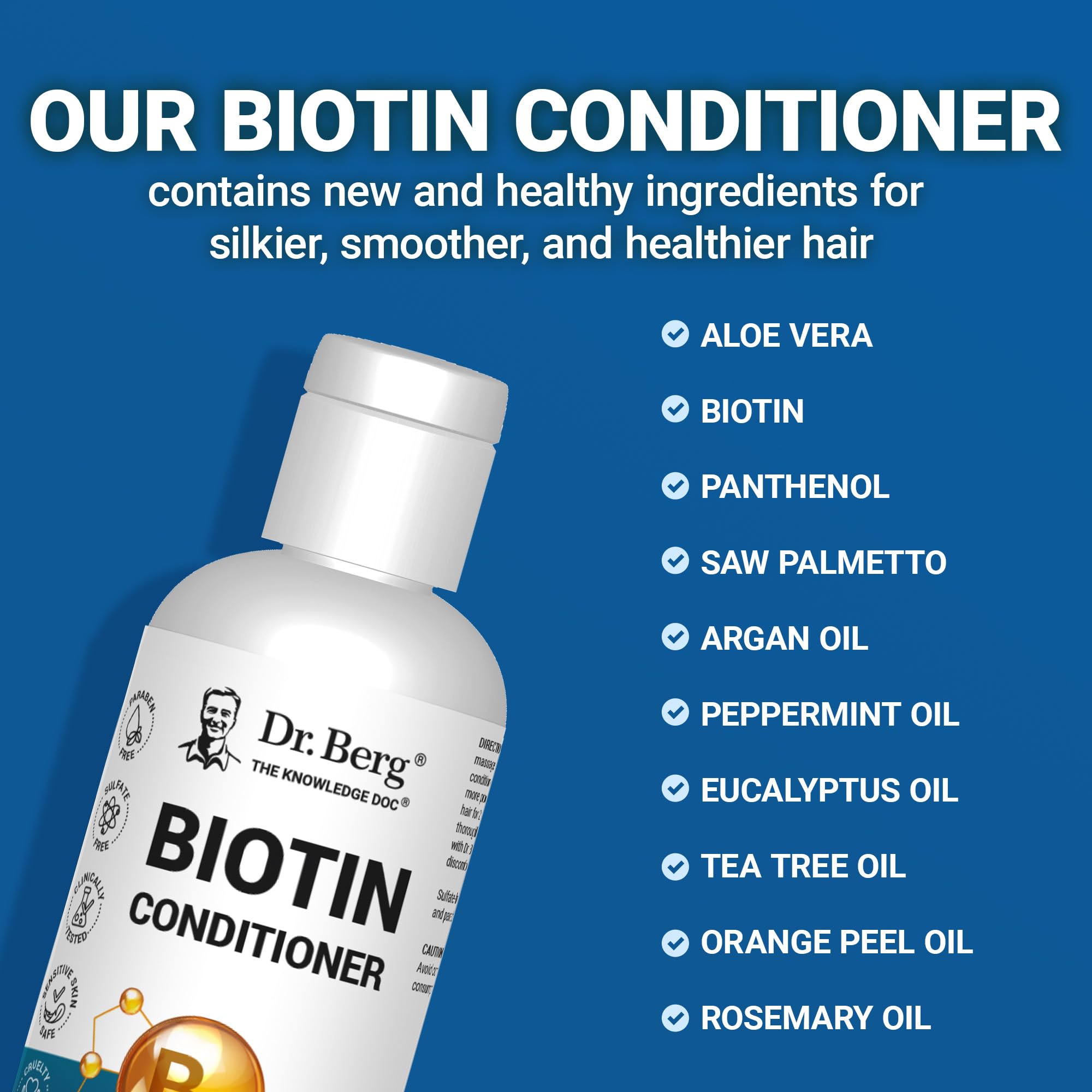 Dr. Berg Biotin Conditioner packaging box communicates paraben, sulfate, silicone-free design.