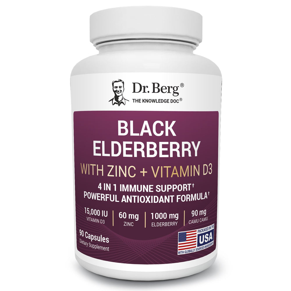 Dr. Berg Black Elderberry Capsules bottle with a rich, antioxidant-rich elderberry blend.